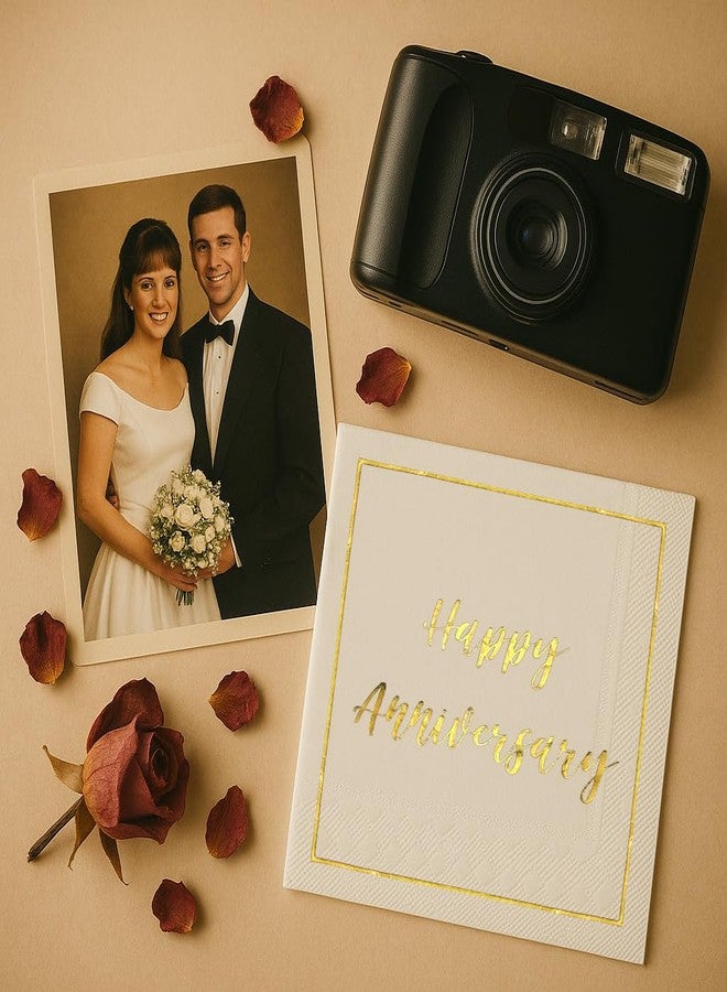 Cloverjoyed Happy Anniversary Decorations, 50 Pack, Gold Foil Cocktail Napkins, Wedding Dating Anniversaries Decorations Decor Supplies, Beverage Napkin - Image 2
